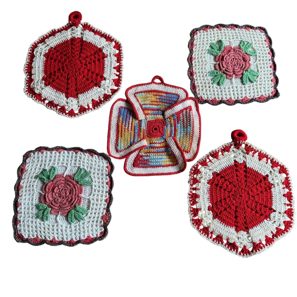 Vintage Crochet Potholders Red White Set of 5 Roses Cross Stars Cottage Core